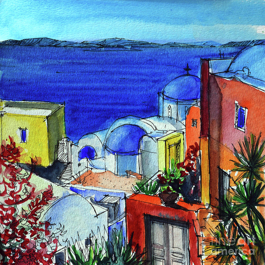 SANTORINI COLORFUL OIA - commissioned watercolor painting Mona Edulesco Painting by Mona Edulesco