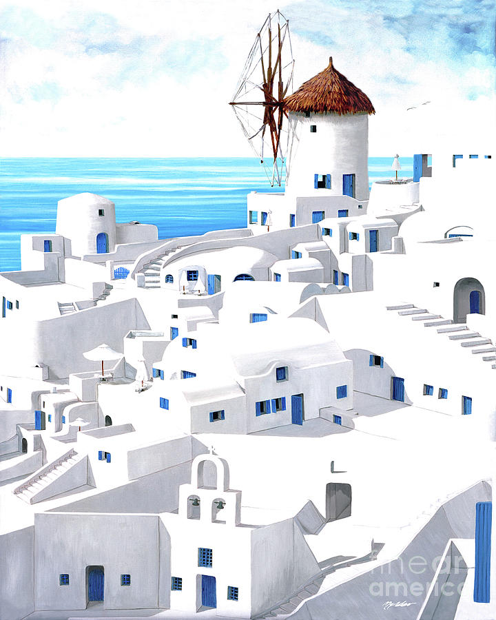 SANTORINI DWELLINGS Wider View-Prints of my Oil Paintings Painting by Mary Grden