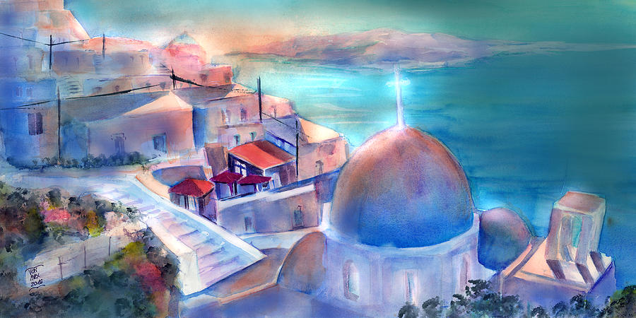 Santorini Greece sunrise in Oia Painting by Sabina Von Arx