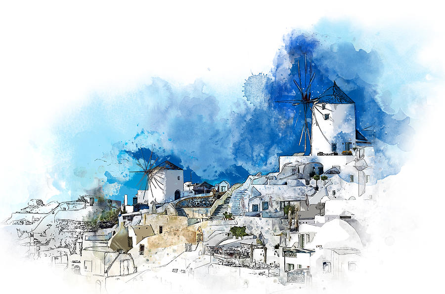 Santorini Mills Painting by Miki De Goodaboom