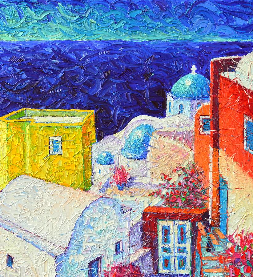 SANTORINI OIA COLORS 4 textural impasto palette knife oil painting travel art by Ana Maria Edulescu Painting by Ana Maria Edulescu