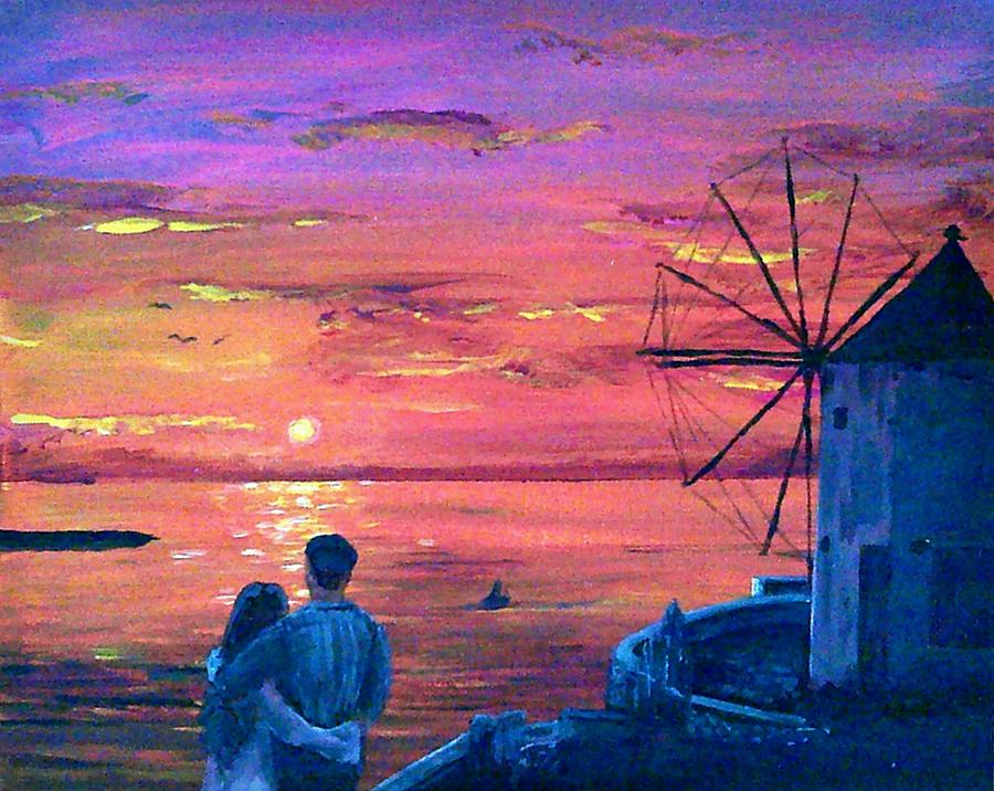 Santorini Sunset Painting by Sophia Gaki Artworks