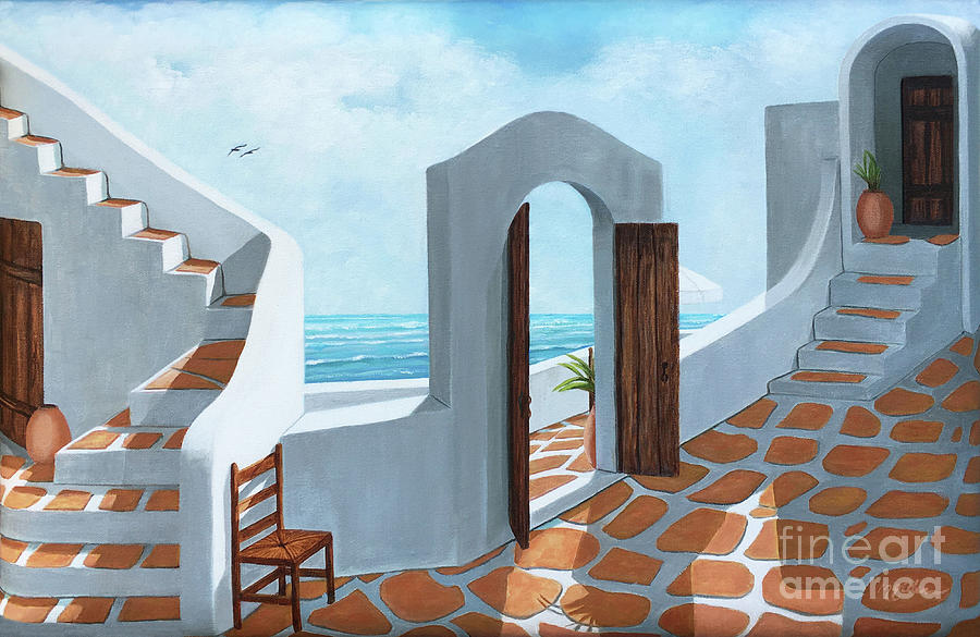 SANTORINI VIEW - Original Oil Painting and Prints Painting by Mary Grden