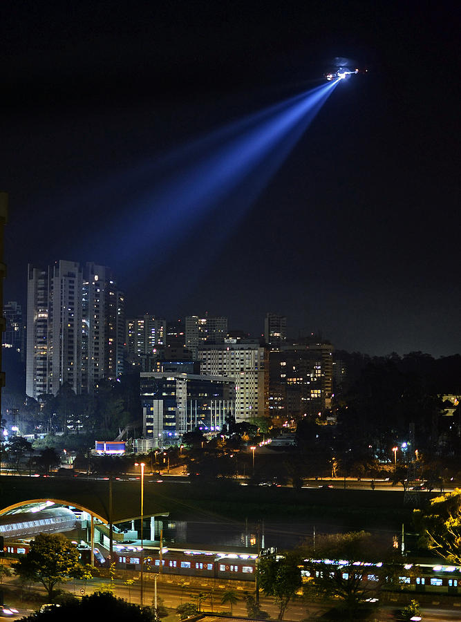 Sao Paulo night, police helicopter over station Photograph by Carlos Alkmin