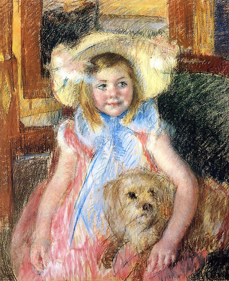 Impressionism Painting - Sara in a Large Flowered Hat, Looking Right, Holding Her Dog by Mary Cassatt