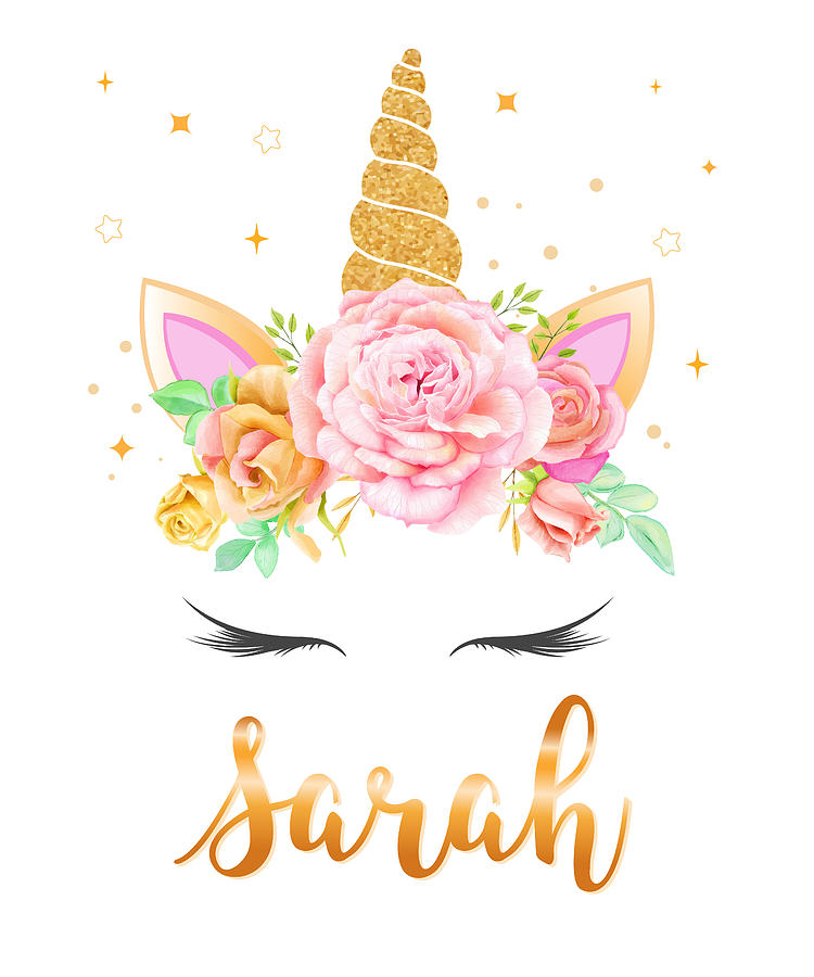 Sarah Name Unicorn Horn With Flower Wreath And Gold Glitter Unicorn