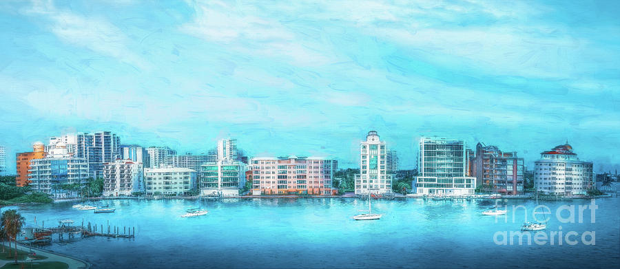 Sarasota, Florida Skyline in Blue, Painterly Photograph by Liesl Walsh