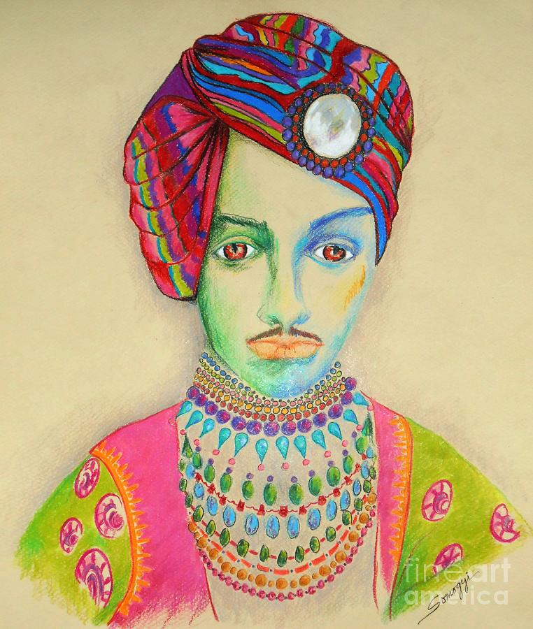 Sardar c. 1900 -- Colorful Indian Maharajah Portrait Drawing by Jayne Somogy