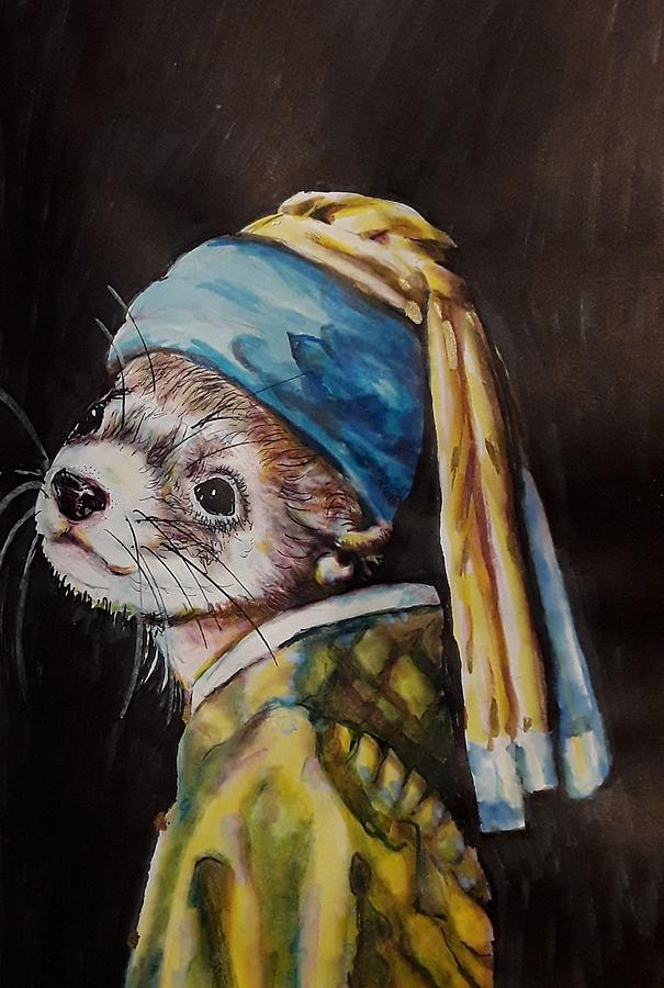 Ferret with pearl earring Painting by Maria Gronlund
