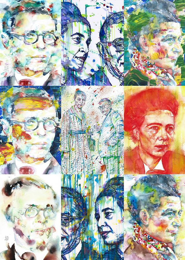 SARTRE and SIMONE DE BEAUVOIR collage painting .1 Painting by Fabrizio Cassetta