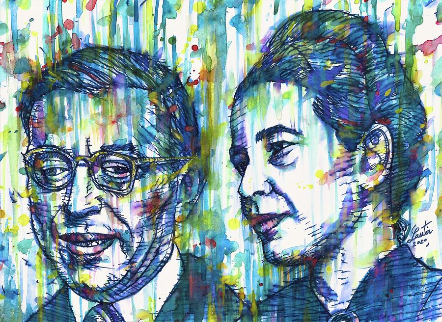 SARTRE and SIMONE DE BEAUVOIR watercolor and ink portrait Painting by Fabrizio Cassetta