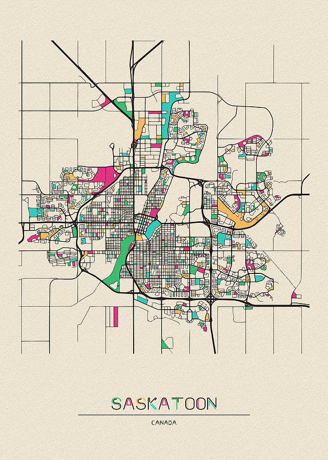 Saskatoon, Canada City Map Drawing by Inspirowl Design