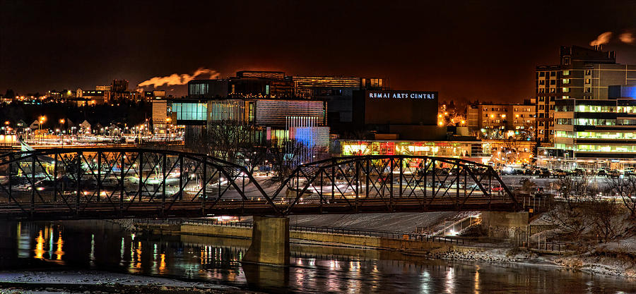 Saskatoon Traffic Bridge and Art Gallery at Night Photograph by Dougall_Photography