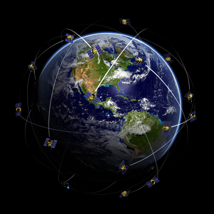 Satellites over world globe monitoring GPS localization Photograph by BlackJack3D