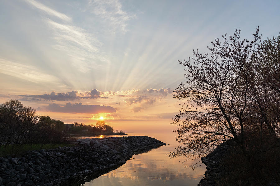 Satiny God Rays Glow - Sublime Sunrise on the Lakeshore Photograph by Georgia Mizuleva