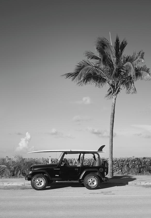 Saturday Surfer Jeep Black and White Photograph by Laura Fasulo