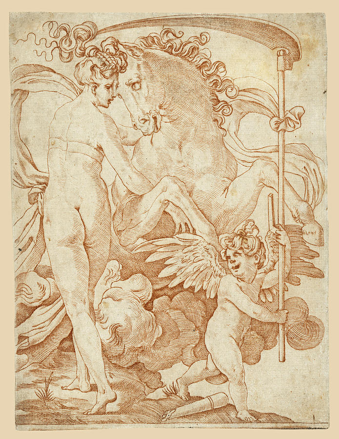 Saturn and Philyra Drawing by Giovanni Jacopo Caraglio