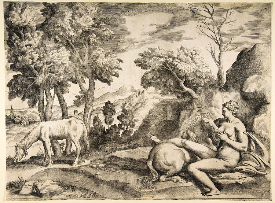 Saturn in the guise of a horse being suckled by the nymph Philyra Drawing by Giulio Bonasone