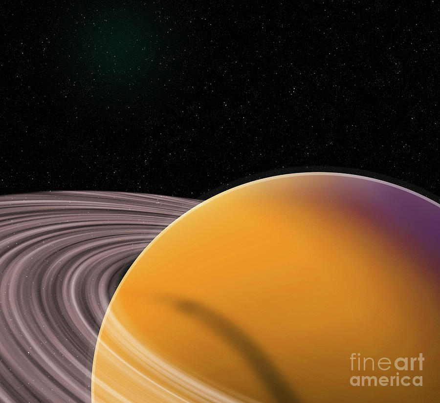 Saturn With Her Rings And Orange Color In Deep Space Digital Art