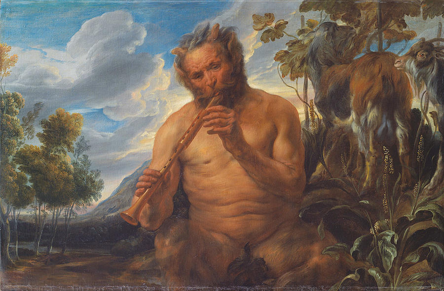 Satyr Playing the Pipe -Jupiters Childhood- -fragment-. Oil on canvas, dated ca.-1639. PAN DIOS. Painting by Jacob Jordaens