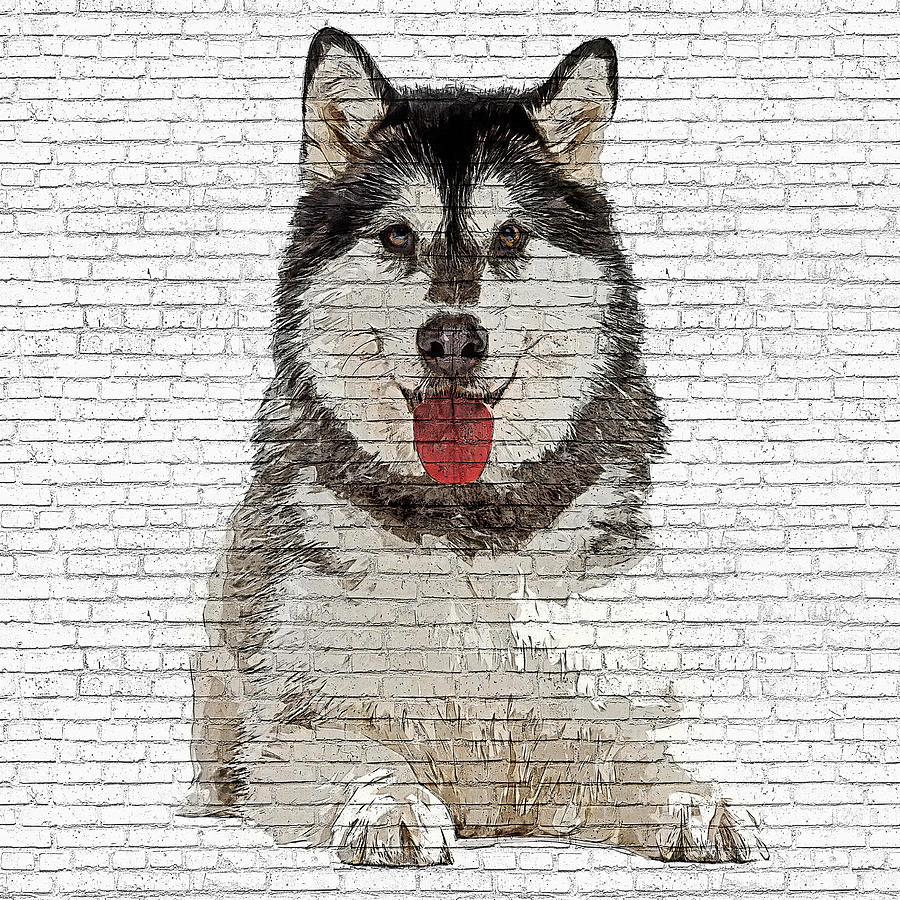Savage and Cool, Alaskan Malamute Dog - Brick Block Background Painting by Custom Pet Portrait Art Studio