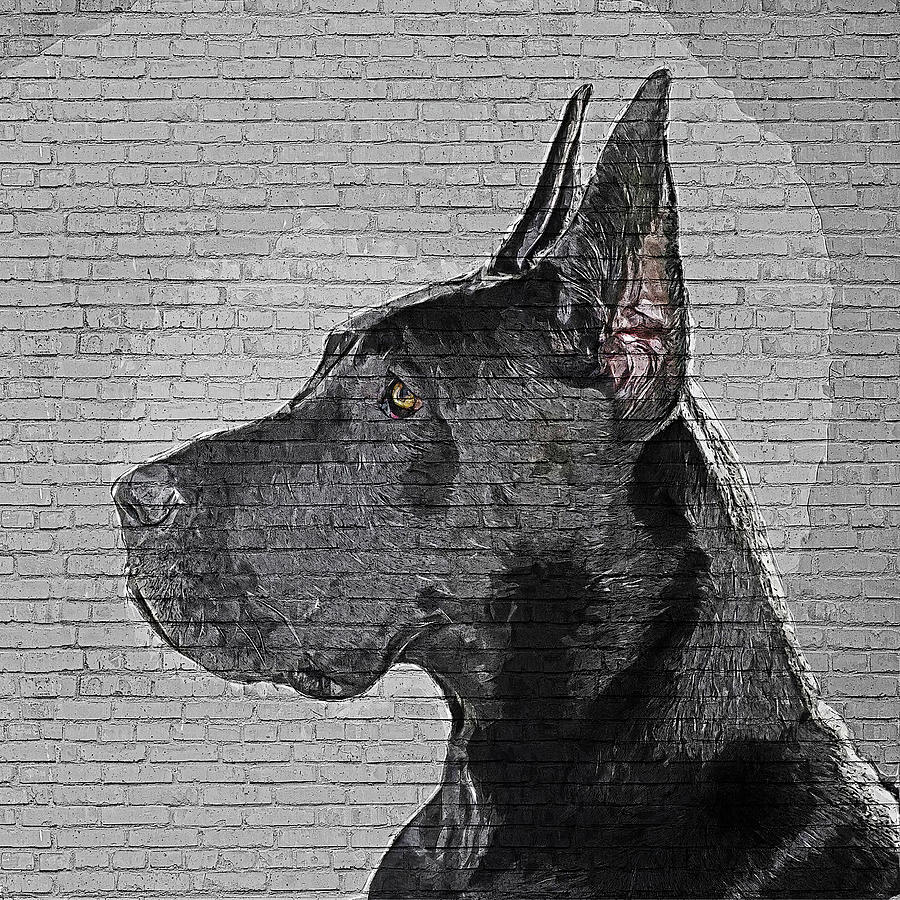 Savage and Cool, Great Dane Dog - Brick Block Background Painting by Custom Pet Portrait Art Studio