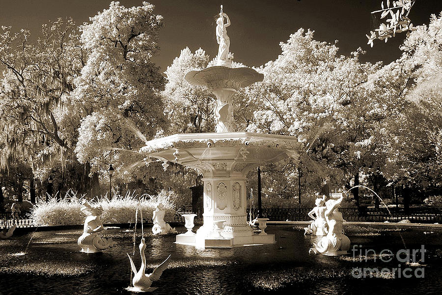 Savannah Georgia Fountain - Forsyth Fountain - Infrared Sepia Landscape Photograph by Kathy Fornal