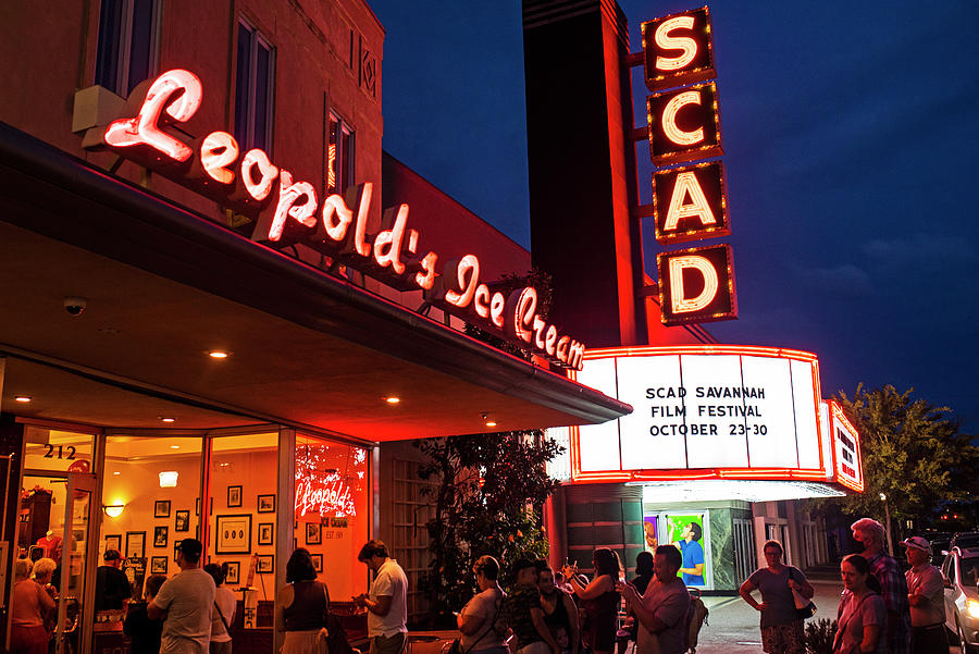 Savannah Georgia Leopolds Ice Cream and Scad Theater Broughton Street at Dusk Photograph by Toby McGuire