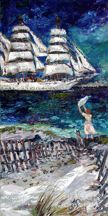 Savannah Georgia Waving Girl Chinese Merchant Ship Painting by Ginette Callaway