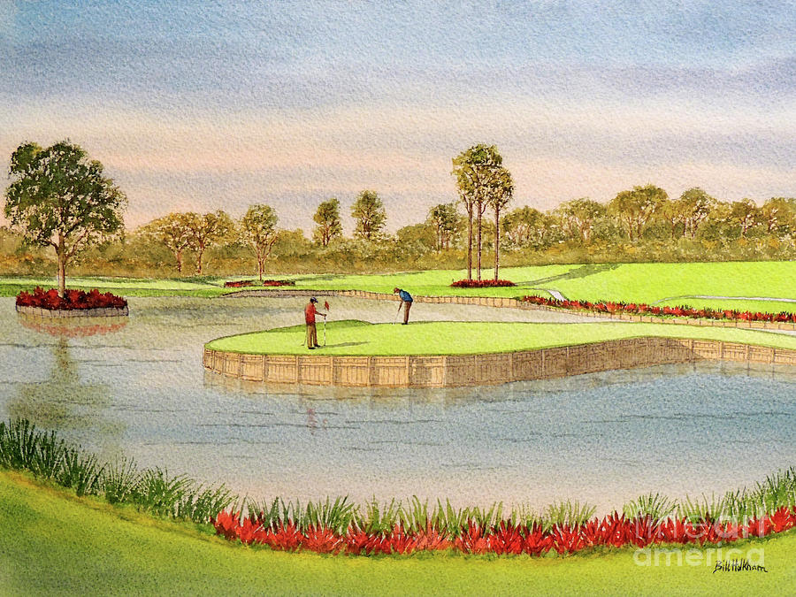 Sawgrass 17th Hole Painting - Sawgrass Golf Course 17th Green Putting Out by Bill Holkham