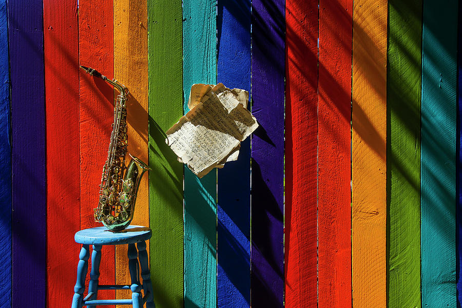 Music Photograph - Sax Against Rainbow Fence by Garry Gay