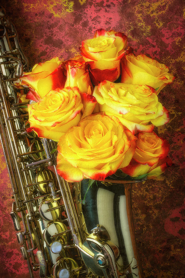 Sax With Yellow Roses Photograph by Garry Gay