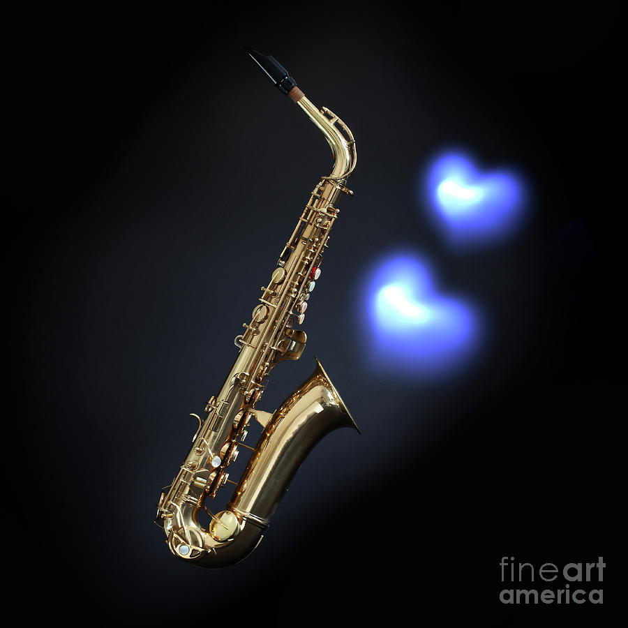 Saxophone on black with blues hearts Photograph by Simon Bratt
