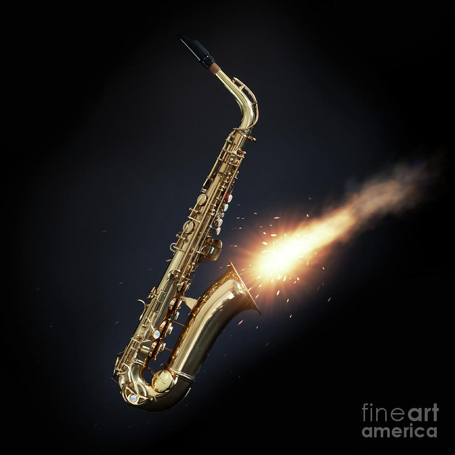 Saxophone with fire out the bell on black Photograph by Simon Bratt