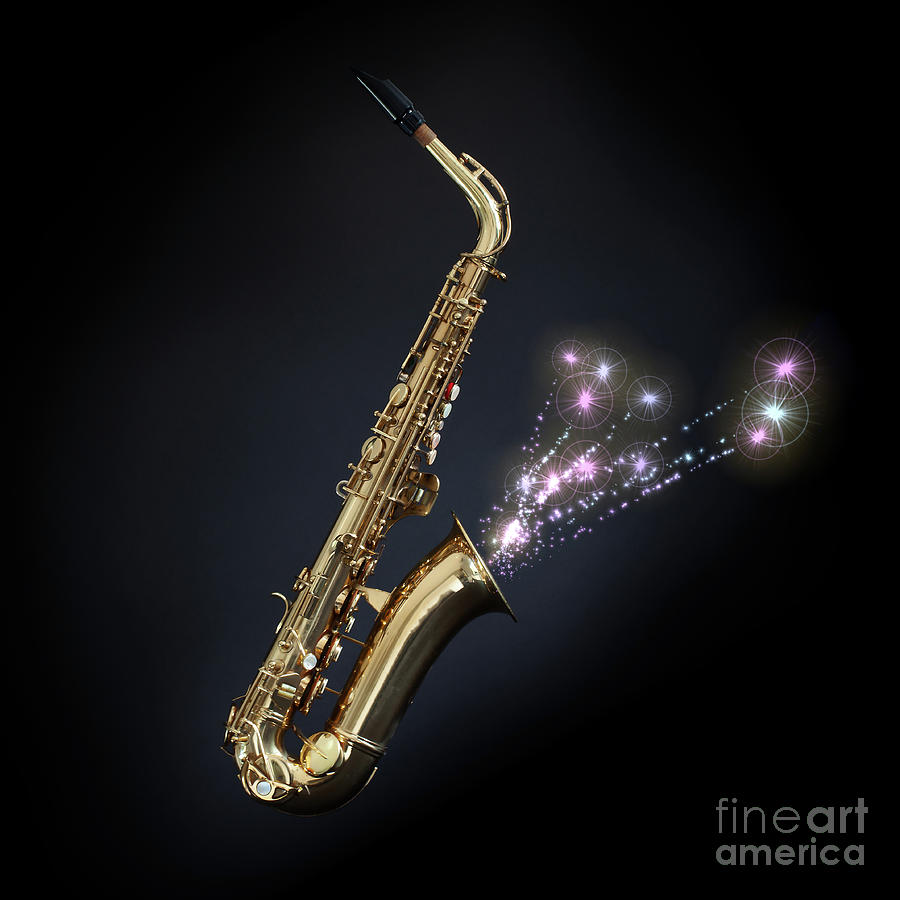 Saxophone with fireworks coming out of the bell Photograph by Simon Bratt