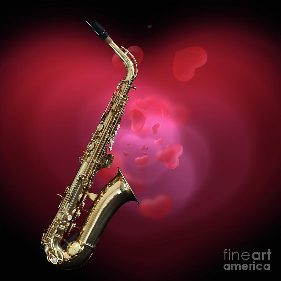 Saxophone with red love heart background Photograph by Simon Bratt
