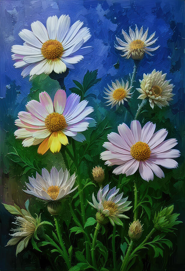 Vibrant Daisies in Bloom Digital Art - Scabiosa Flowers Wall Art by Vintage Wall Art