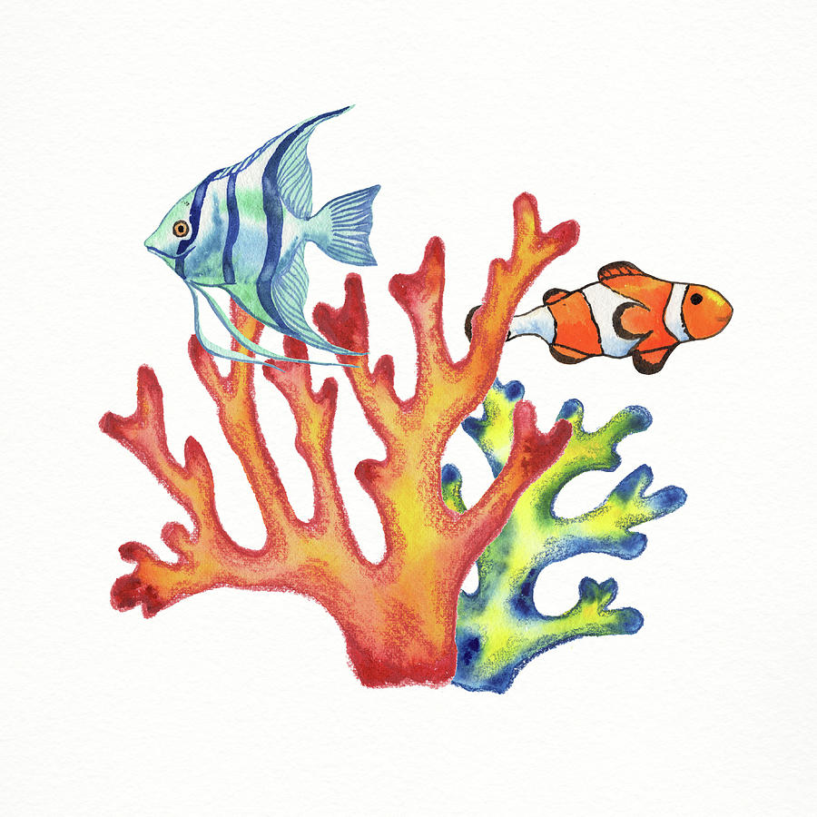 Scalare And Clown Fish In Corals Watercolor Painting