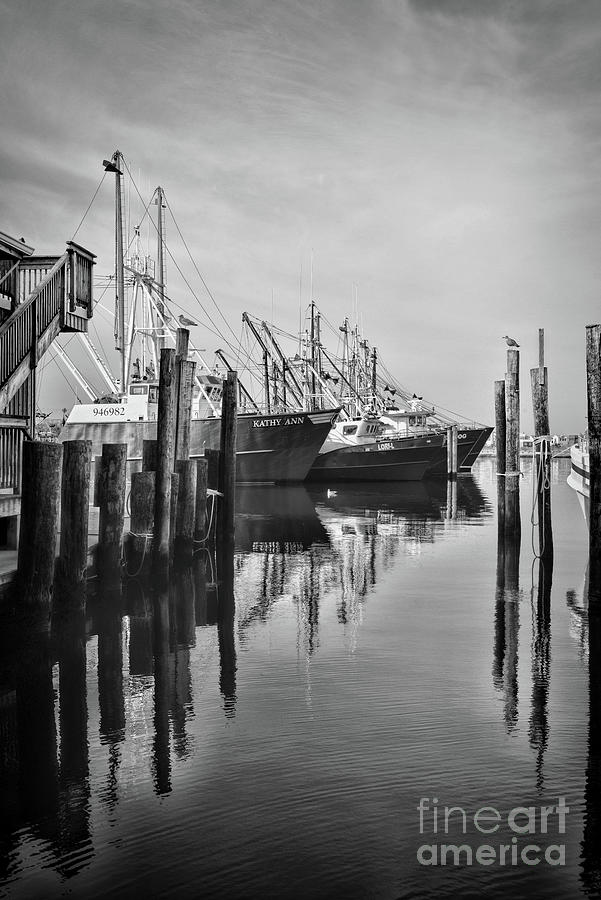 Boat Photograph - Scallop Boats at the Docks black and white by Paul Ward