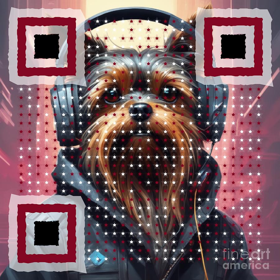 Scannable Spotify Playlist QR Code Art- Listen to Music with a Cute Yorkshire Terrier Mixed Media by Artvizual