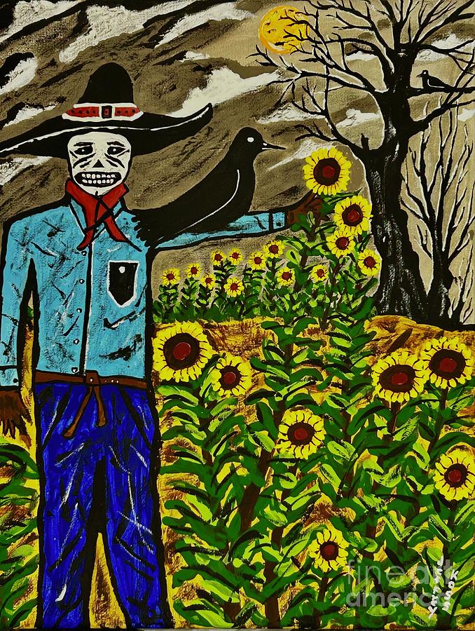 Scare Crow In The Sunflower Field.  Painting by Jeffrey Koss