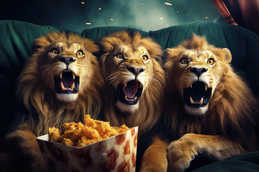 Scared Lions watching Horror Movie on the couch 01 Digital Art by Matthias Hauser