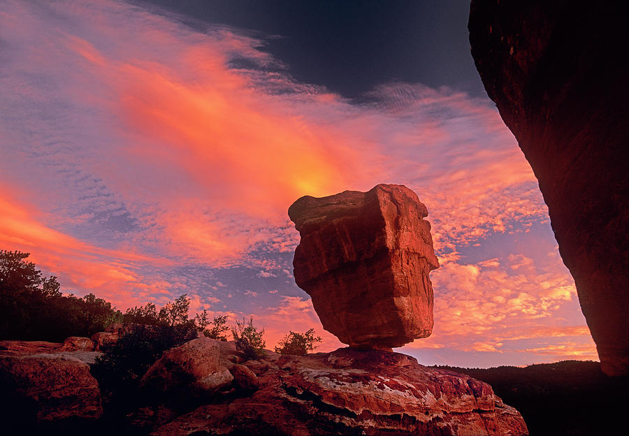 Scarlet Sunrise Behind Balanced Rock, Garden Of The Gods City Park, Colorado Springs Photograph by Bijan Pirnia
