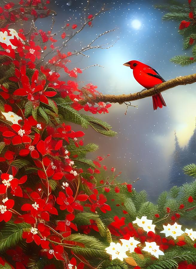 Scarlet Tanager and Poincettia  Digital Art by Beverly Read