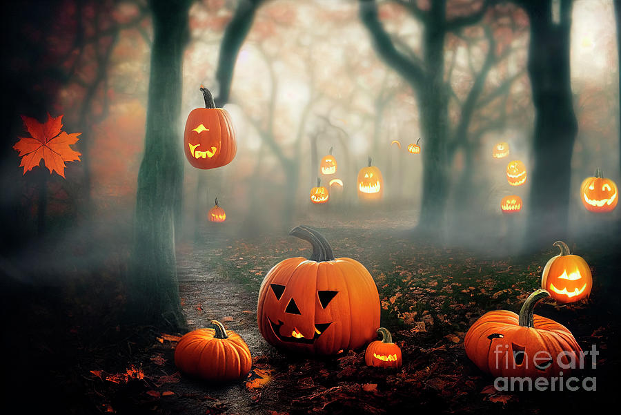 Scary halloween pumpkins in spooky magic forest. JackoLantern  Photograph by Jelena Jovanovic