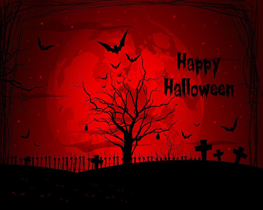 Bird Digital Art - Scary Halloween Vector Scene Night Of The Dead Graveyard Flying Bats October 31 Halloween Event by Mounir Khalfouf