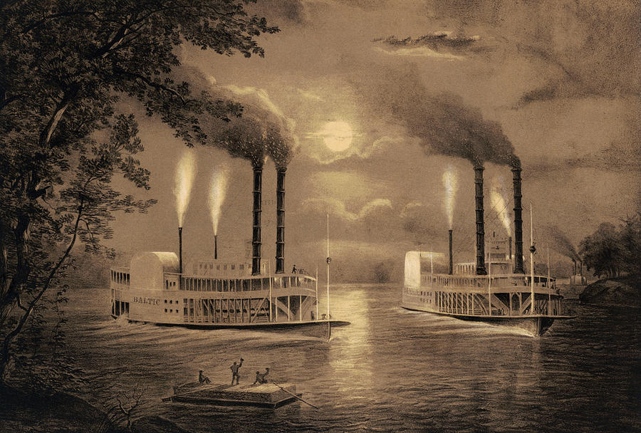 Scene On The Upper Mississippi - Steamboats At Night - Circa 1860 Painting by War Is Hell Store