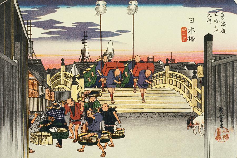 Scenery of Nihonbashi in Edo Period, Painting, Woodcut, Japanese Wood Block Print Drawing by Daj
