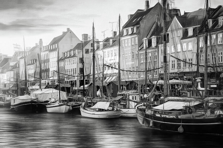 Scenes of Nyhavn Copenhagen Denmark Black and White  Photograph by Carol Japp