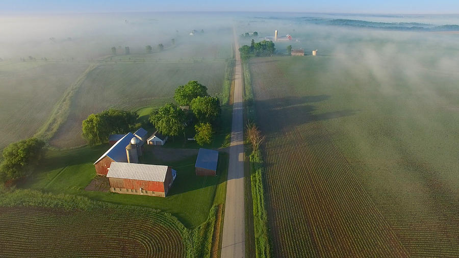 Scenic aerial view of rural Wisconsin on foggy spring morning. Photograph by JamesBrey